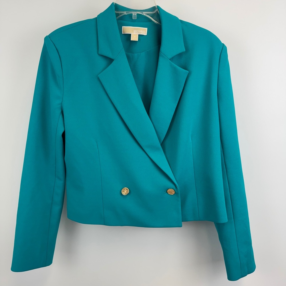 Michael Michael Kors Teal Blue Cropped Double Breasted Blazer‎ Jacket Womens M